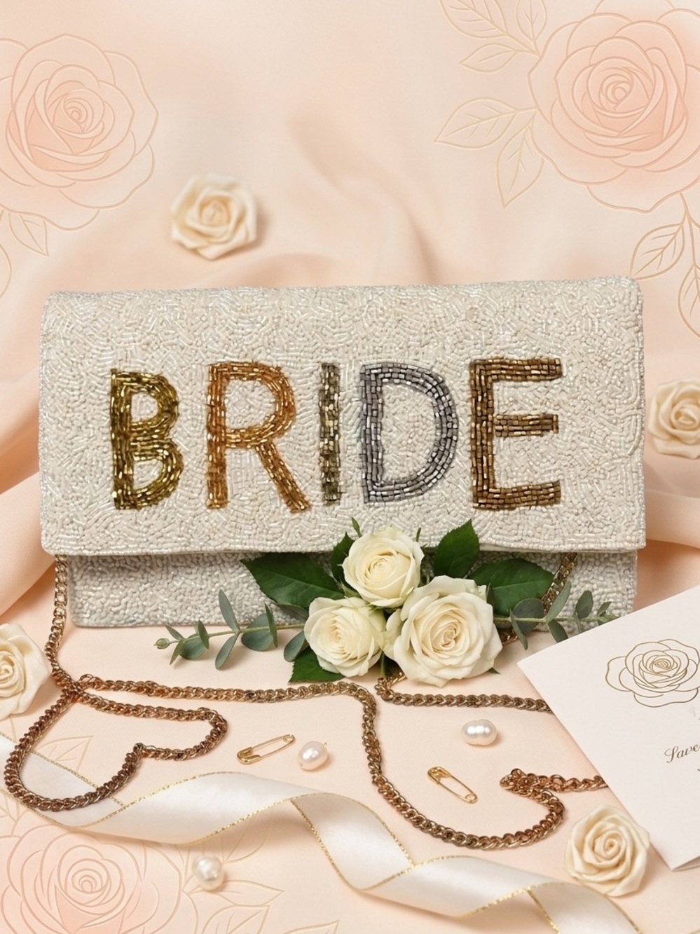 Stunning Seed-Beaded "BRIDE" Envelope Clutch Crossbody